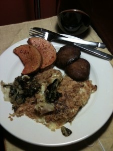 Potato bake with sour cream, leeks and swiss chard; over-roasted butternut pumpkin with chilli flakes; some big honking roasted mushrooms